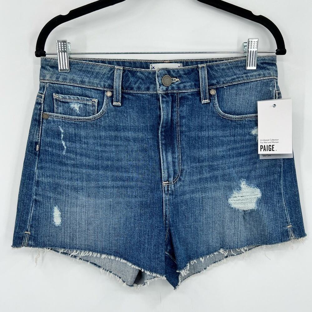PAIGE Blue Distressed Denim Jean Shorts